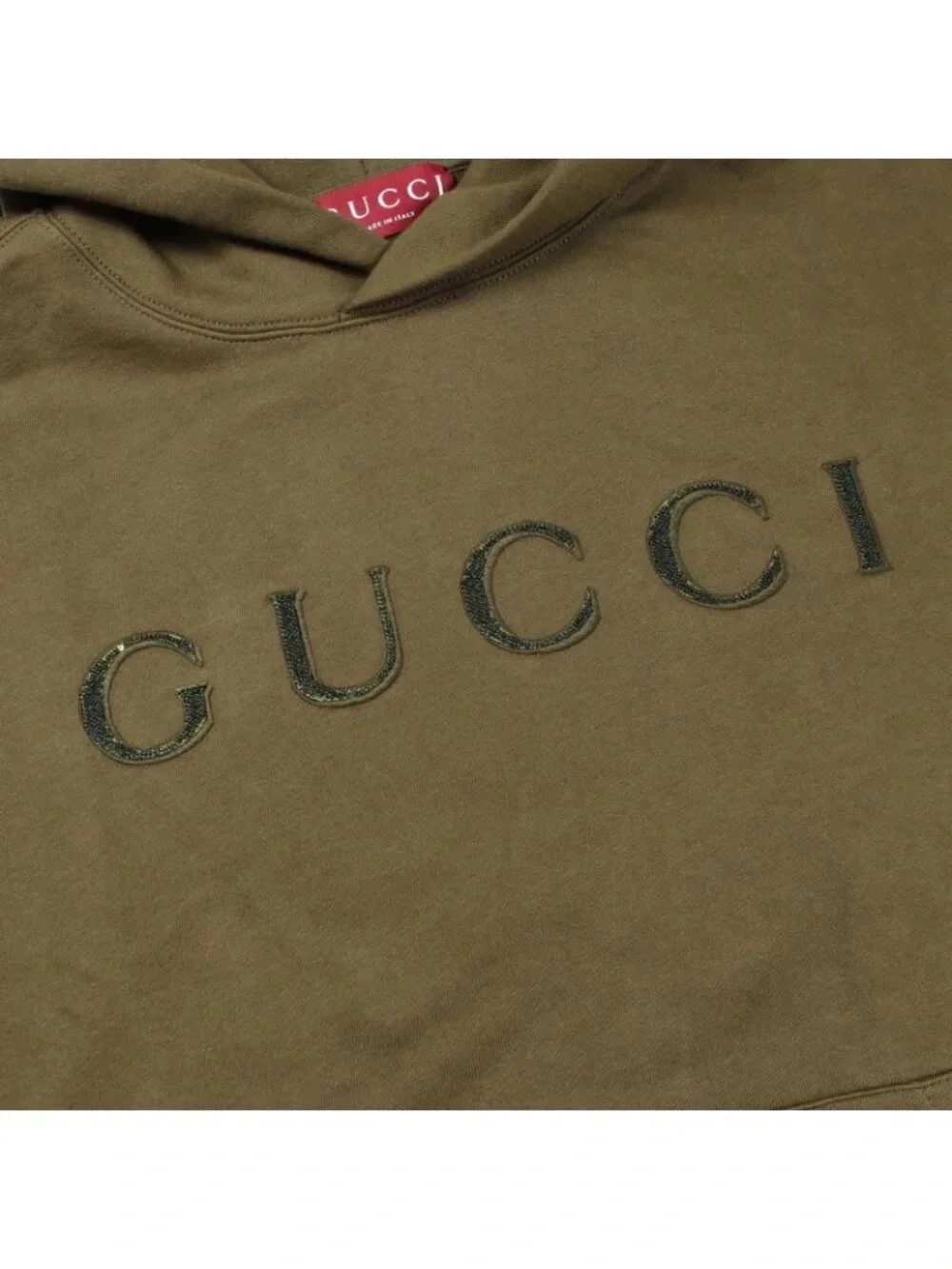 Gucci Men's Olive Green Logo Hoodie with Embellished Lettering